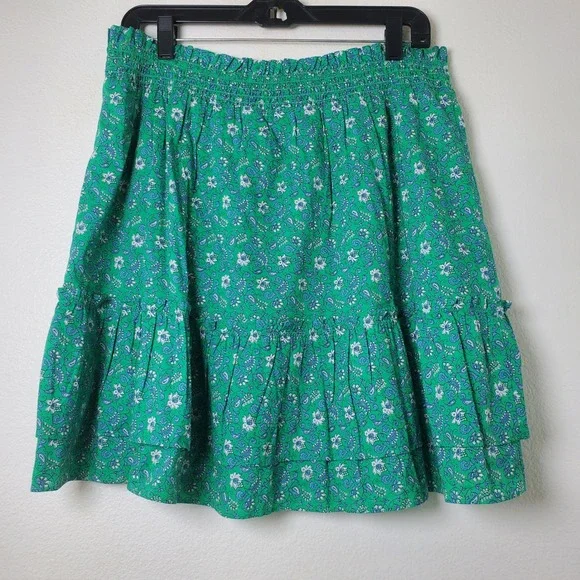 J. Crew NWT Green Floral Paisley Cotton Smocked Tiered Mini Skirt Size Large - Picture 9 of 13